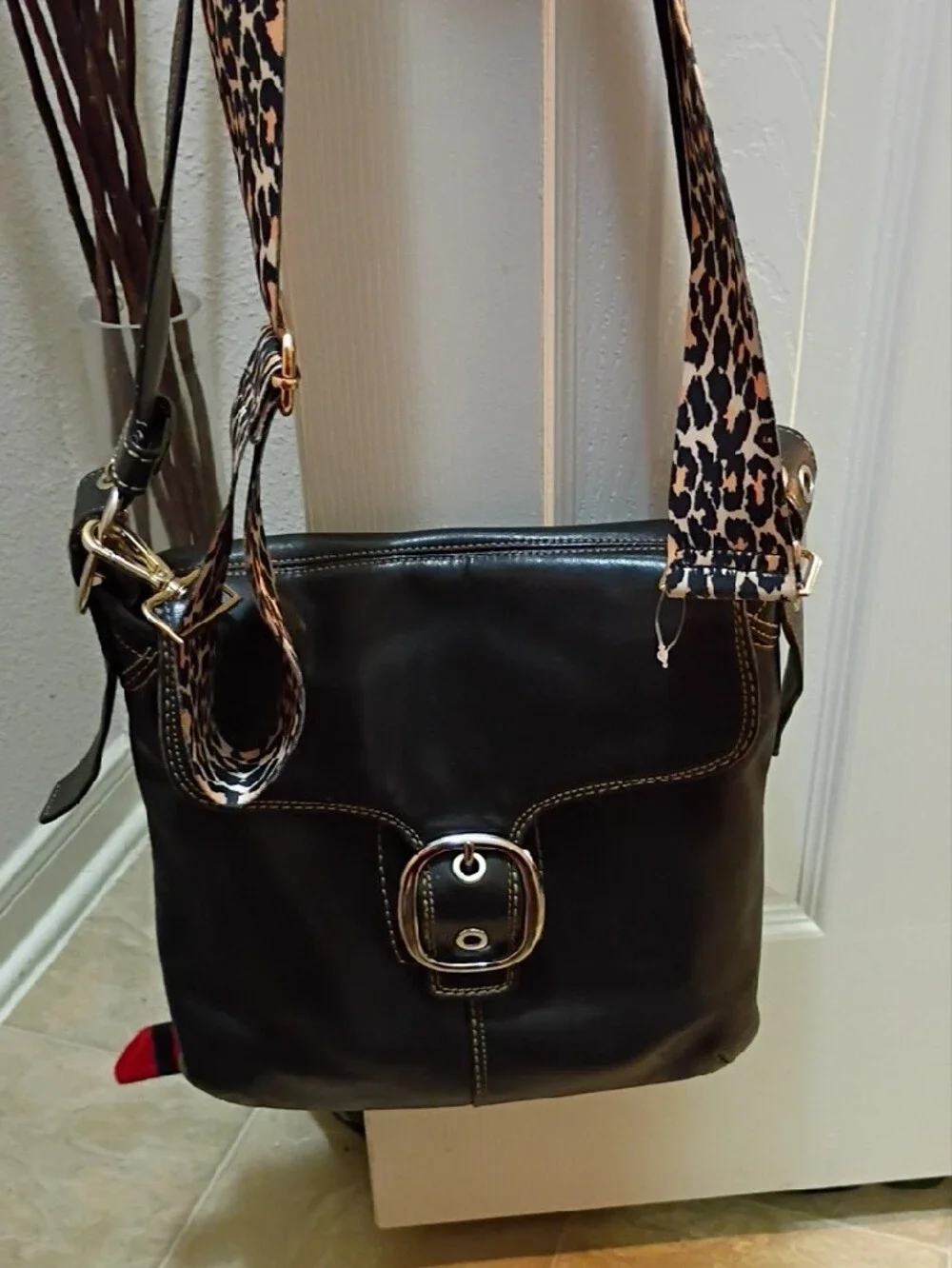 Coach Leather Crossbody Bag with Leopard Strap - Black